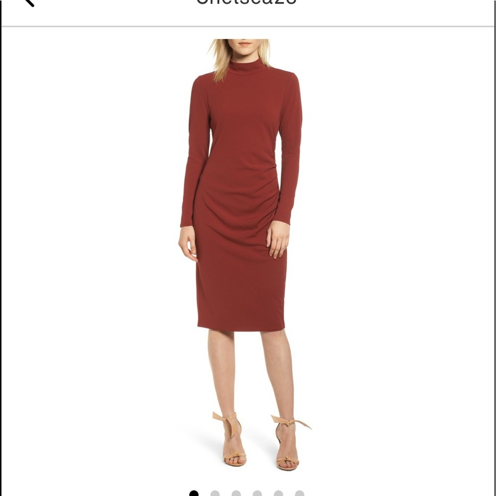 Tan mock neck body con midi dress - large